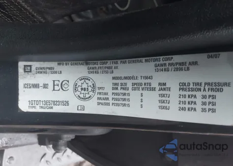 2007 GMC Canyon Sle1/Sle2/Slt z USA, uszkodzony, nr VIN 1GTDT13E578231526